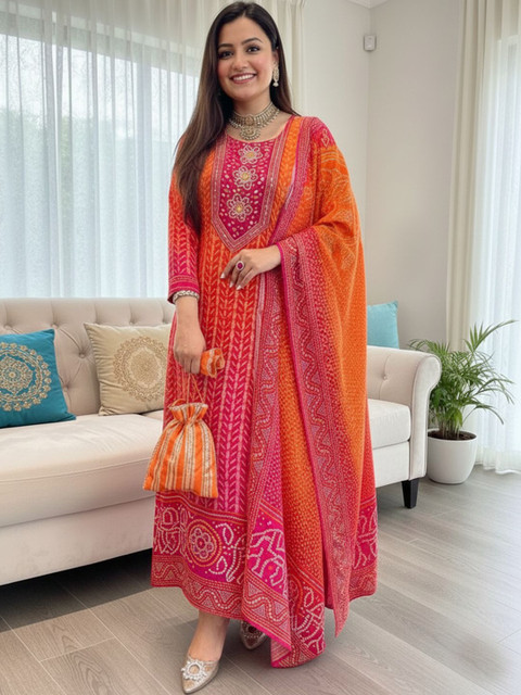 KALINI Women Bandhani Printed Panelled Thread Work Kurta with Palazzos & With Dupatta