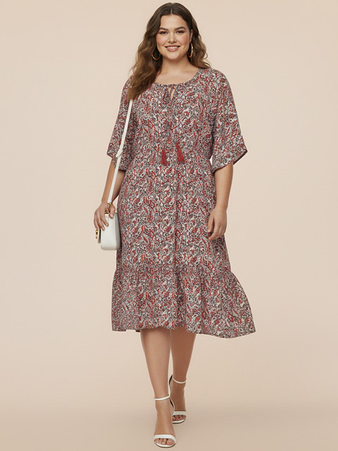Sztori Plus Size Ethnic Motifs Printed Tie-Up Neck A-Line Dress - Image 3