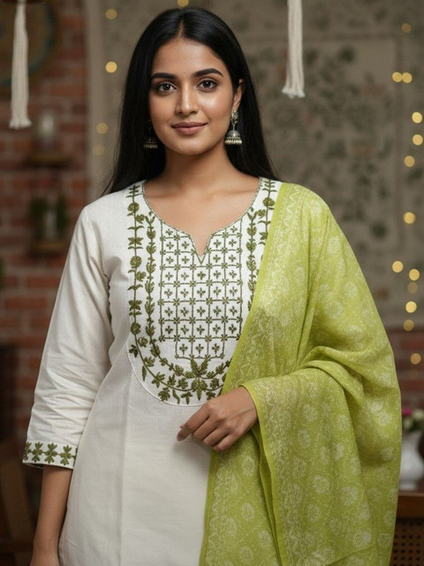 SZN Women Ethnic Motifs Embroidered Regular Thread Work Kurta with Trousers & With Dupatta