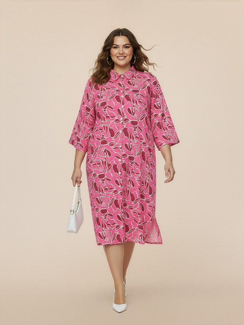 Sztori Plus Size Abstract Print Pure Cotton Midi Shirt Dress