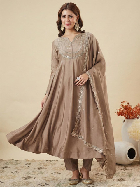 MOKOSH Floral Yoke Design Notch Neck Sequinned A-Line Kurta With Trousers & Dupatta