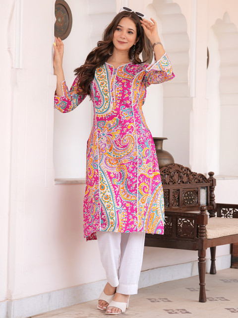 PRISCA Paisley Printed Notch Neck Panelled A-Line Kurta