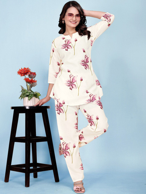 SHOPLANCE Printed Mandarin Collared Tunic With Trousers Co-Ords