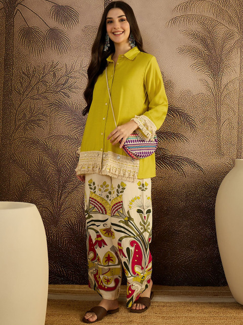 Sangria Self Design Shirt Collar Tunic & Palazzos Co-Ords - Image 4