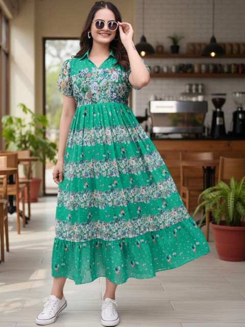 QENA Floral Print Puff Sleeve A-Line Midi Dress