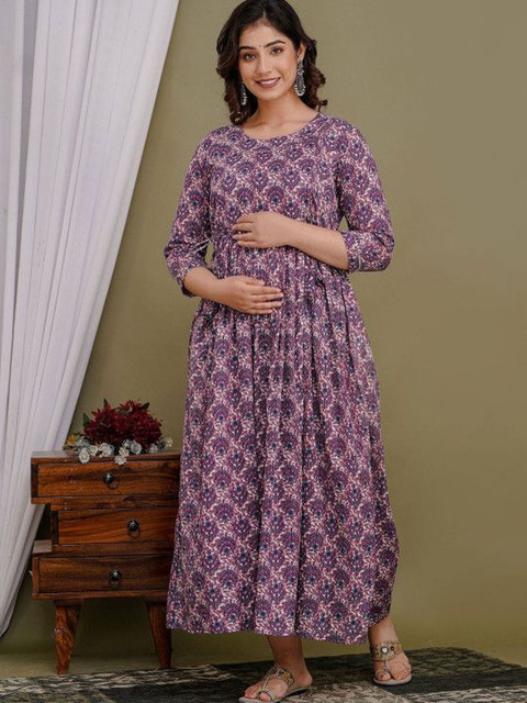 Raghav Silk Studio Women Floral Printed Mirror Work Floral Maternity Anarkali Kurta