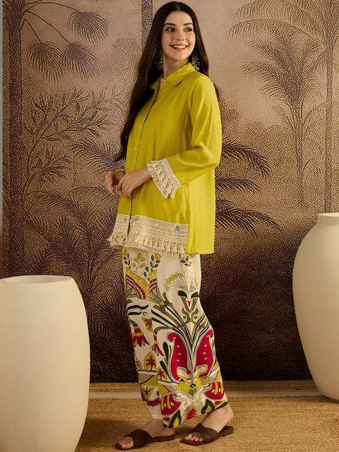 Sangria Self Design Shirt Collar Tunic & Palazzos Co-Ords - Image 3