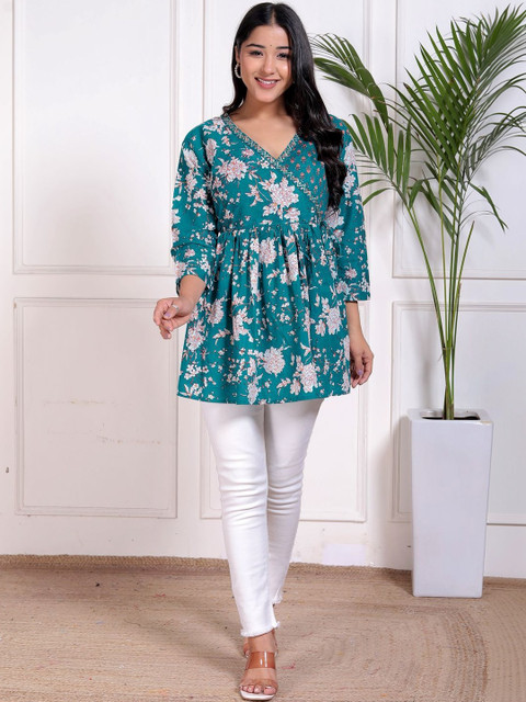 Crown Threads Floral Print Cotton Blend Wrap Top