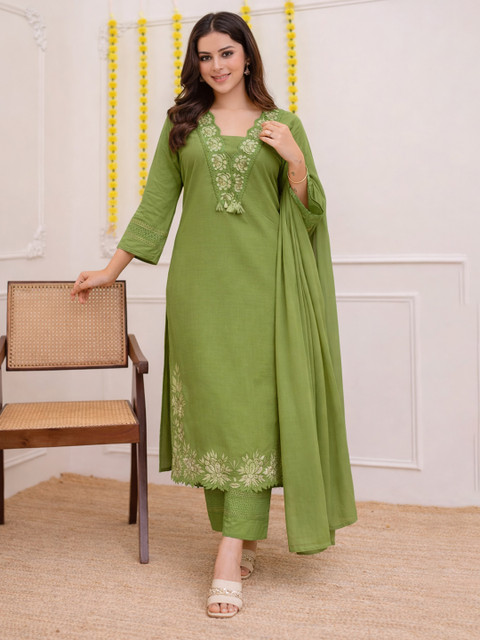 Moda Rapido Women Floral Embroidered Regular Thread Work Kurta with Trousers & With Dupatta