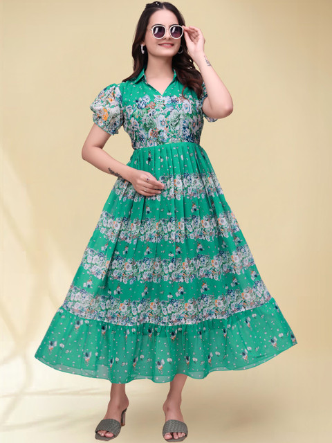 QENA Floral Print Puff Sleeve A-Line Maxi Dress