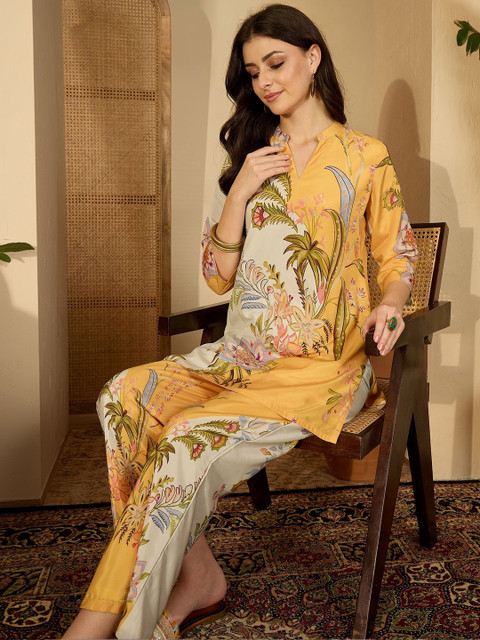 Sangria Printed Mandarin Collar Tunic & Palazzos Co-Ords