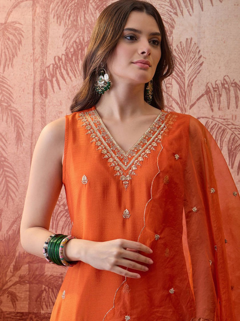Sangria Embroidered V-Neck Kurta & Sharara Kurta Set - Image 2