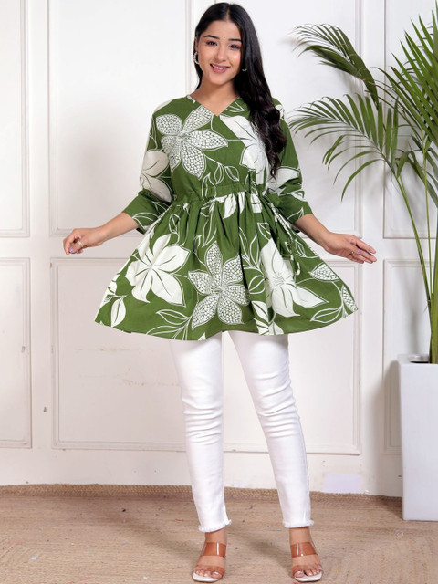 Crown Threads Floral Print Cotton Blend Wrap Top