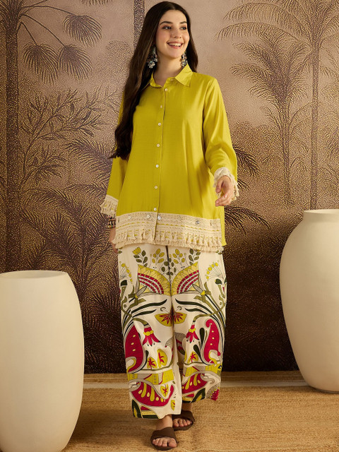 Sangria Self Design Shirt Collar Tunic & Palazzos Co-Ords - Image 7