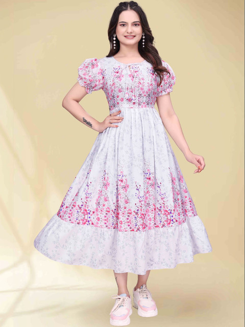 QENA Floral Print Puff Sleeve Fit & Flare Midi Dress