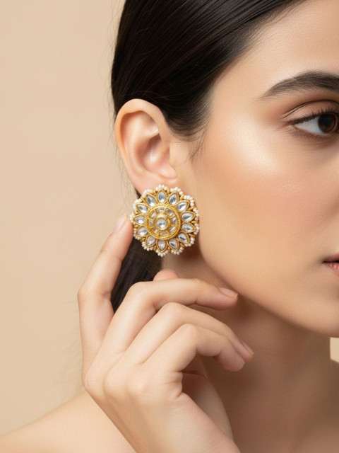 IKSAVA Gold-Plated Kundan Studded & Pearls Beaded Floral Shaped Studs
