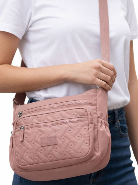 AARVI DECOR STUDIO Quilted Cotton Pink Zipper With Adjustable Strap Handbag