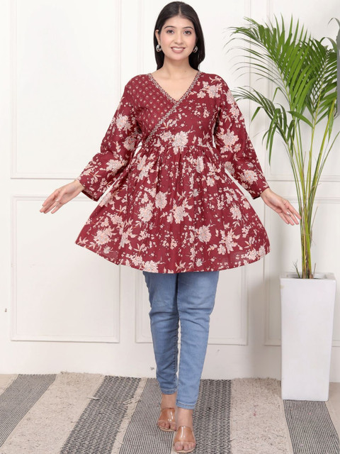 Crown Threads Floral Print Cotton Blend Wrap Top