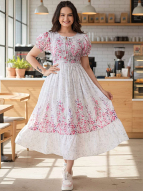 QENA Floral Print Puff Sleeve A-Line Rayon Midi Dress