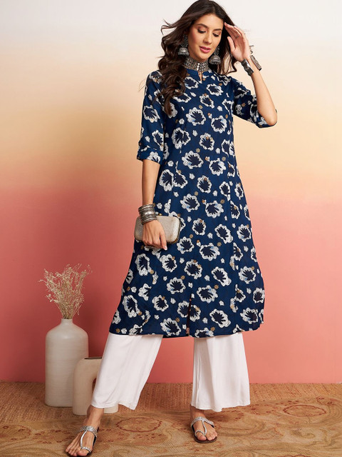 Sangria Printed Cotton Mandarin Collar Calf Length Straight Kurtas - Image 5