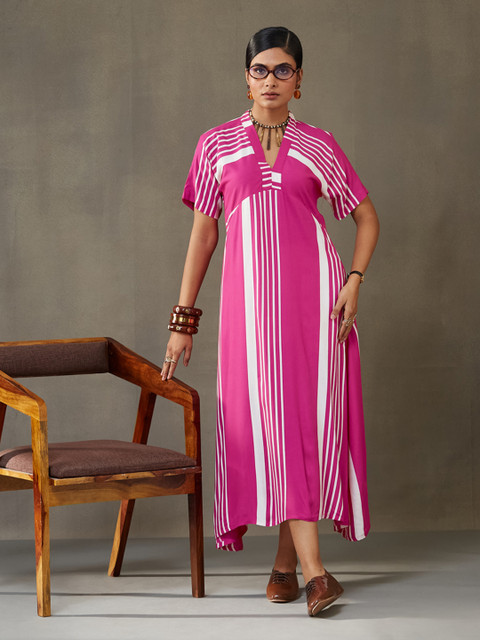 Navibhu Striped Midi-Length Relaxed Work Dresses