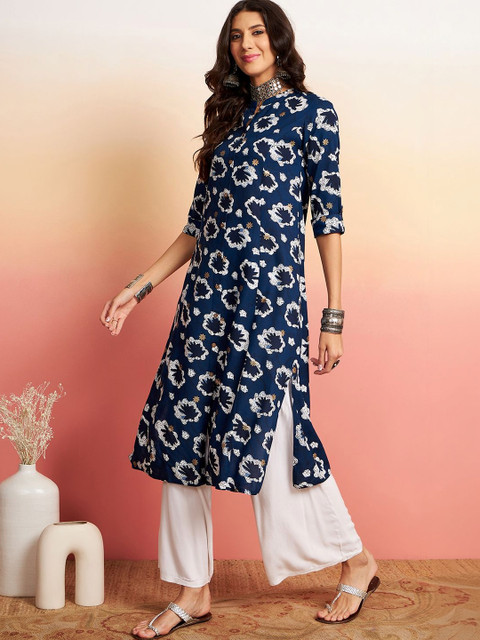 Sangria Printed Cotton Mandarin Collar Calf Length Straight Kurtas - Image 3