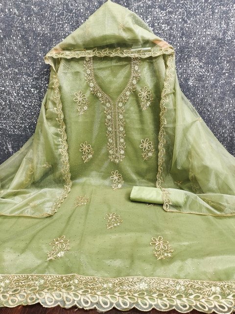 HERE&NOW Embroidered Organza Unstitched Dress Material - Image 4