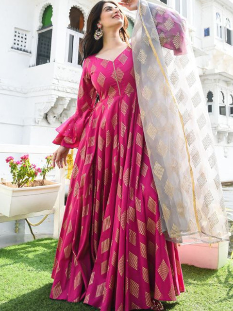 Sangria Printed V-Neck Ankle Length Anarkali Kurta With Dupatta - Image 5