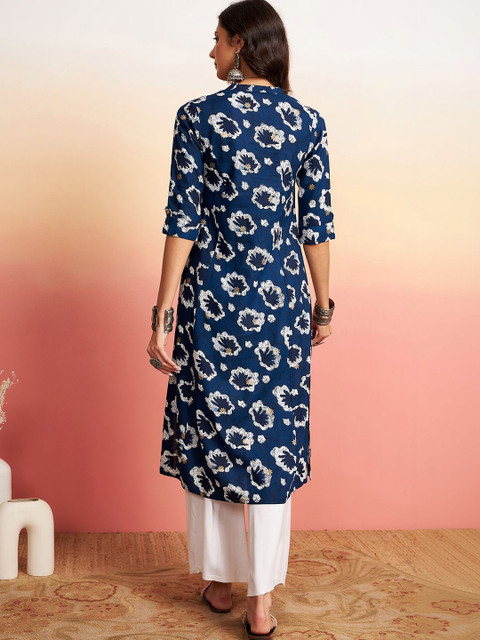 Sangria Printed Cotton Mandarin Collar Calf Length Straight Kurtas - Image 2