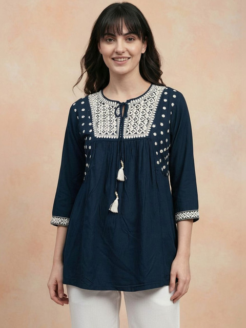 all about you Embroidered Tie-Up Neck Ethnic Cotton Top