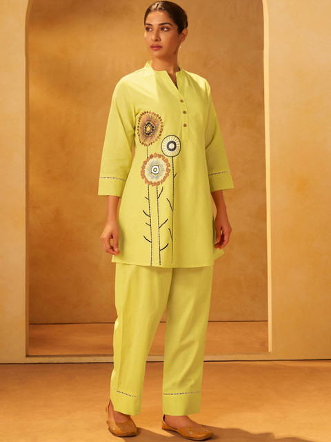 Anouk Embroidered Mandarin Collar Top & Trousers Co-Ords