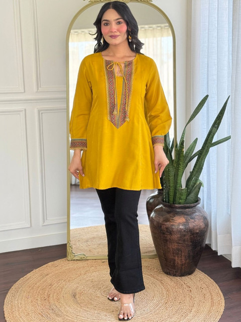 CORSICA Embroidered Tie-Up Neck Ethnic Top