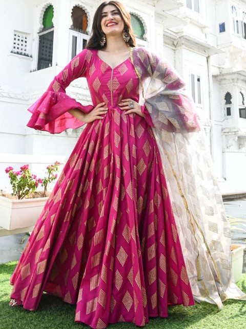 Sangria Printed V-Neck Ankle Length Anarkali Kurta With Dupatta