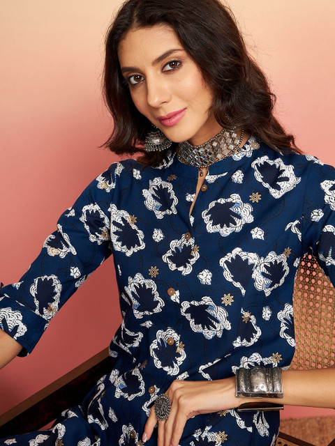 Sangria Printed Cotton Mandarin Collar Calf Length Straight Kurtas - Image 6