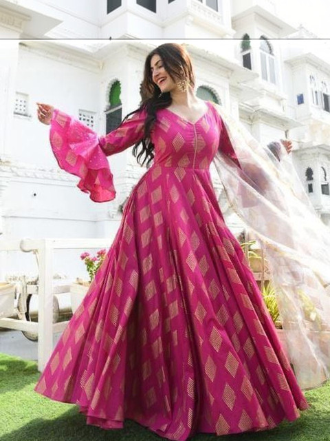 Sangria Printed V-Neck Ankle Length Anarkali Kurta With Dupatta - Image 3