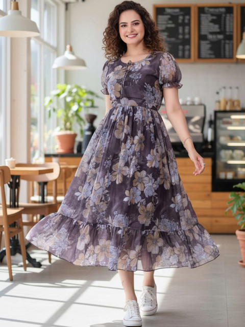 QENA Floral Print Puff Sleeve Georgette Fit & Flare Midi Dress