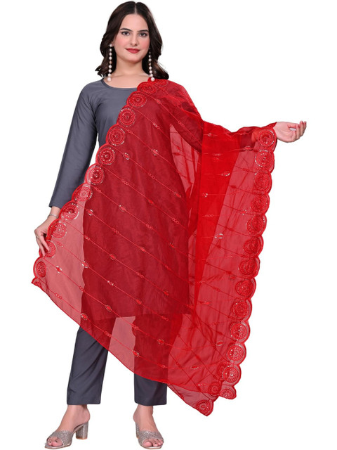 SEKMANY Embroidered Organza Ikat Dupatta with Sequinned