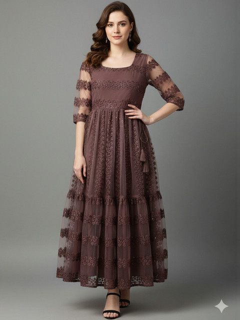 MENSBIT Embroidered Net A-Line Maxi Dress