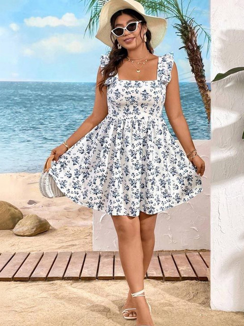 Sztori Floral Print Flutter Sleeve Ruffled Fit & Flare Dress