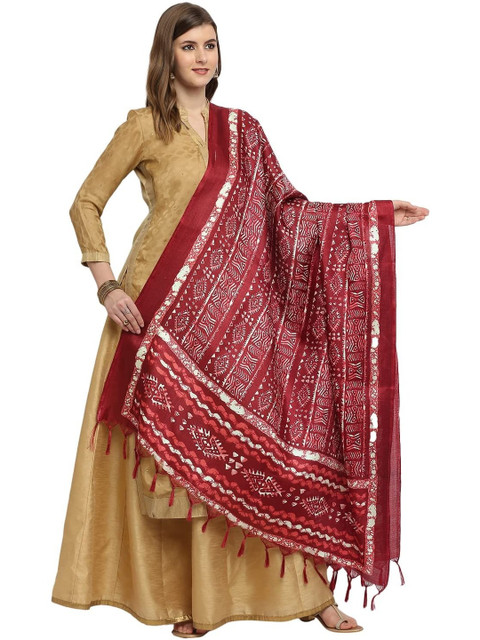 SEKMANY Ethnic Motifs Printed Cotton Silk Block Print Dupatta with Gotta Patti