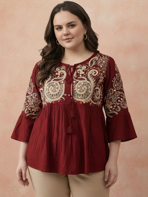 all about you Embroidered Tie-Up Neck Flared Sleeve Ethnic Cotton Top