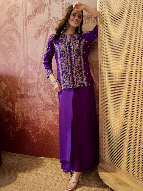 Sangria Embroidered V-Neck Co-Ords