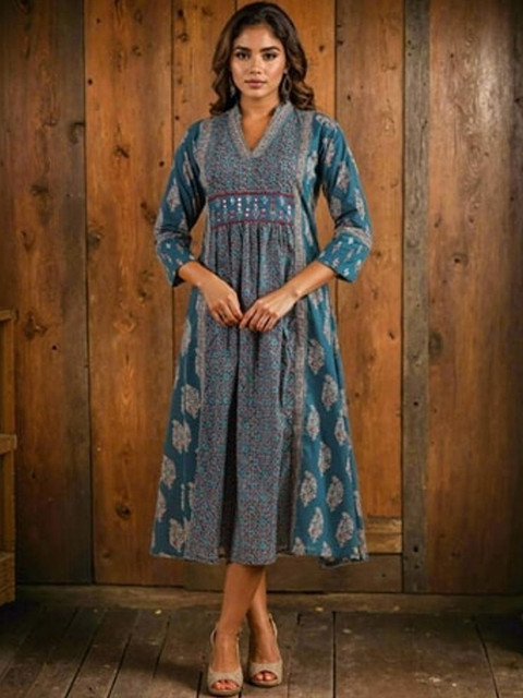 HERE&NOW Ethnic Motifs Print A-Line Midi Dress