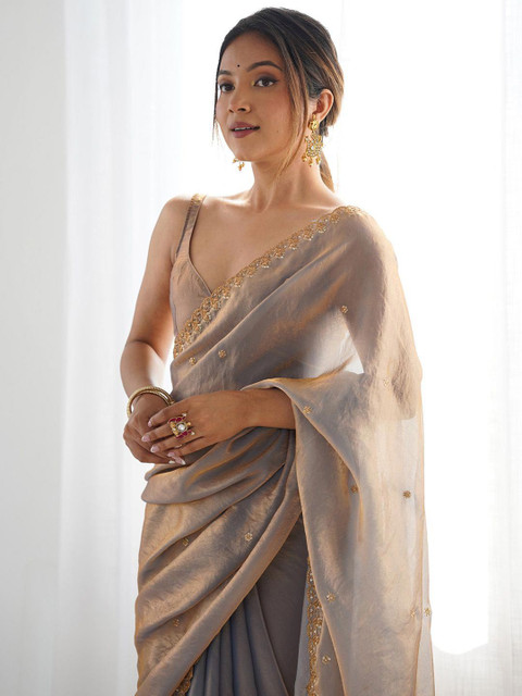 Peachmode Grey Embroidered Satin Sarees - Image 4