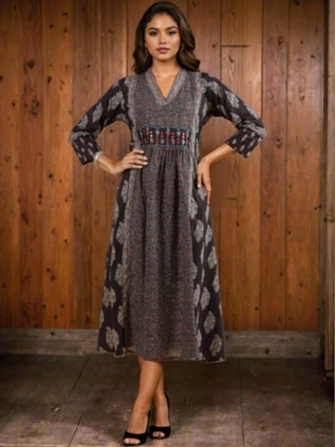 HERE&NOW Ethnic Motifs Print A-Line Midi Dress