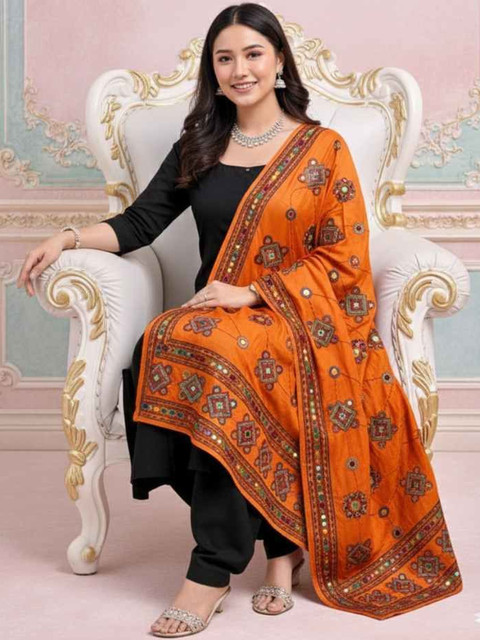 YUGAVEERAA Ethnic Motifs Embroidered Dupatta with Mirror Work - Image 3