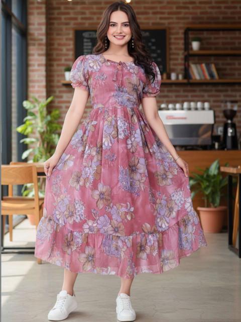 QENA Floral Print Puff Sleeve Georgette Fit & Flare Midi Dress