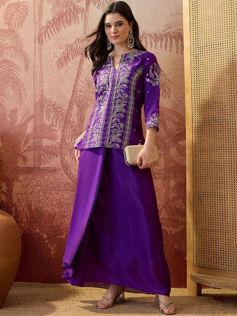 Sangria Embroidered V-Neck Co-Ords - Image 2