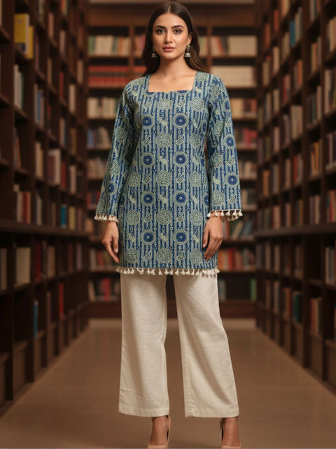 OZIA Ethnic Motifs Printed Square Neck Pure Cotton Kurti