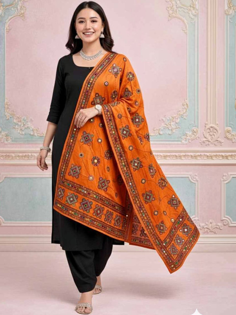 YUGAVEERAA Ethnic Motifs Embroidered Dupatta with Mirror Work - Image 2